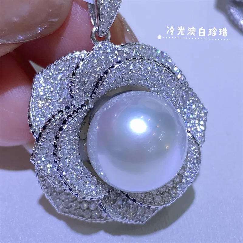 HUGE AAAA++++ akoya Plated Zircon Five Leaf Flower 10-11mm 11-12mm Pearl Necklace Pendant