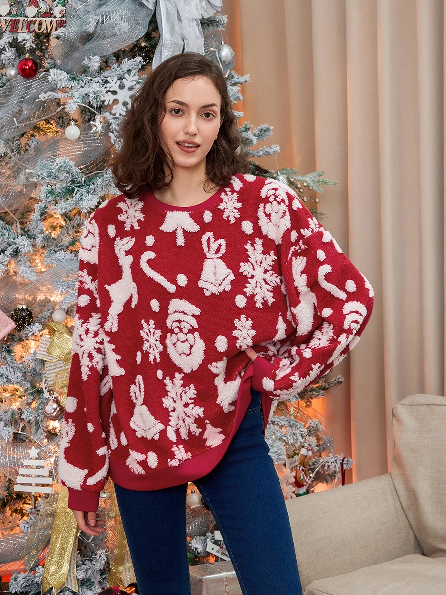 Women s Christmas Sweater Fleece Reindeer Print Crew Neck Long Sleeve Pullover Tops Casual Streetwear for Winter Holiday Season