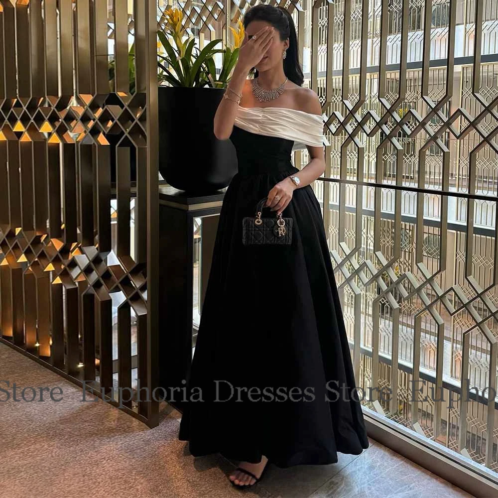 Kontrastfarbene Damen-Cocktailparty-Kleider, Satin, A-Linie, Promi-Kleid, Schwarz, schulterfrei, Watteau-Schleppe, Ballkleid, Maxi – Detail 5