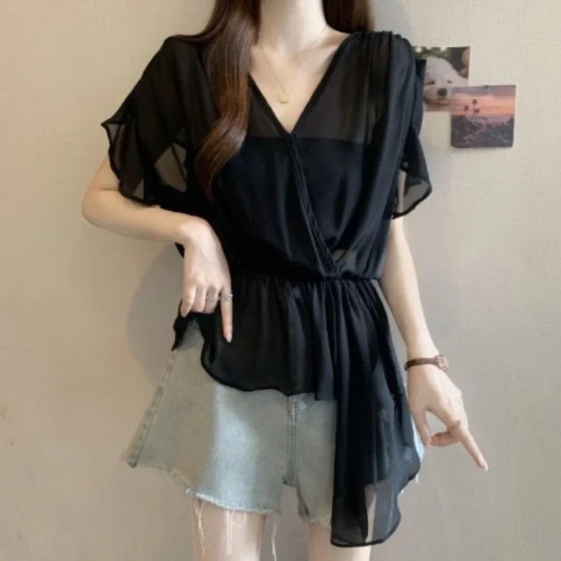 

Asymmetrical Printing Thin Korean Blouse Summer New Short Sleeve Ruffles Chiffon Fashion Shirt Tops Trend Casual Women Clothing