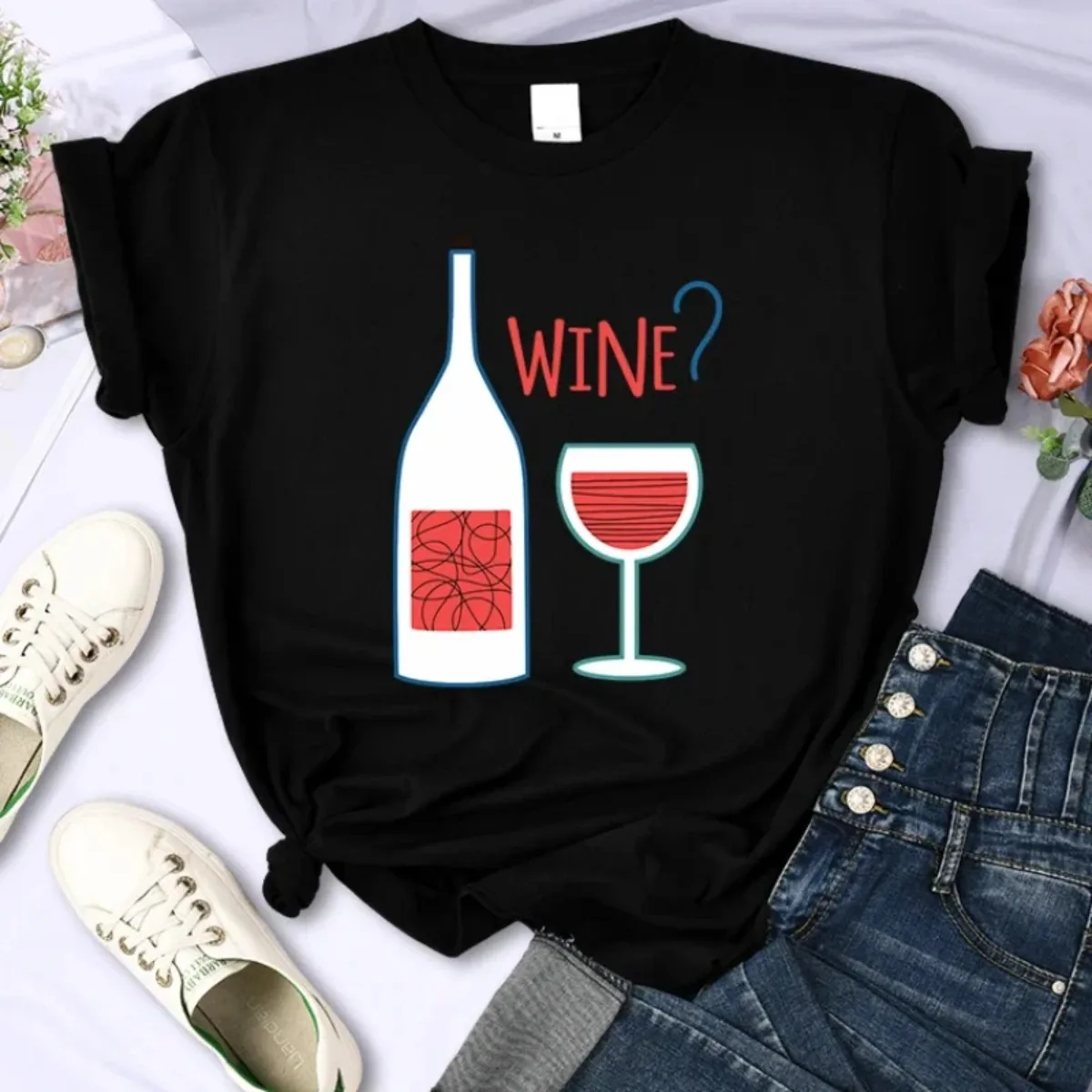 Fashion Women Casual T-shirt Bottles and Glasses Is This Wine ? Print T-Shirt Breathable Sports Tops Street Style Female Clothes