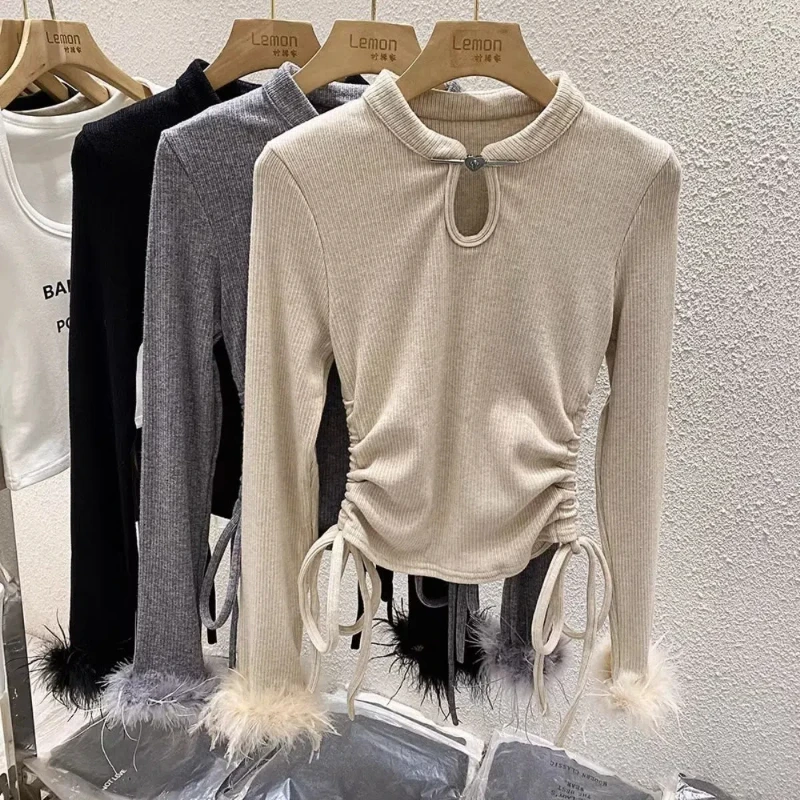 Round Neck Hollowed Out Base Shirt Women Autumn Winter Retro French Interior Short Drawstring T-shirt Long Sleeved Knitted Top