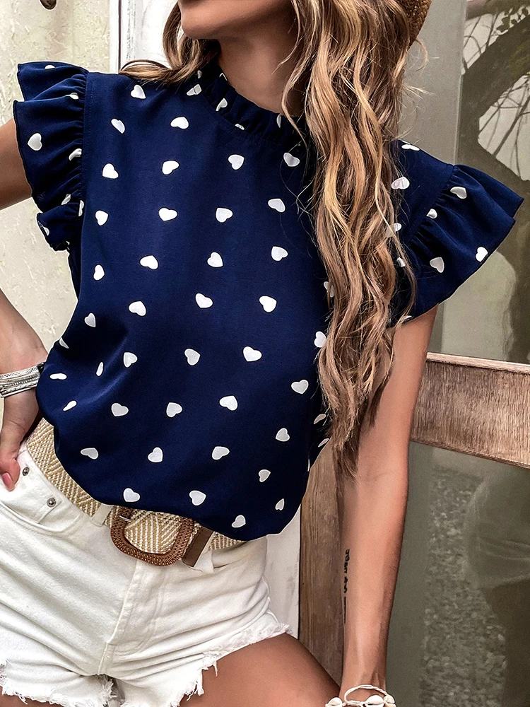 

Vintage Blouse Women Polka Dot Short Sleeve Tops Female Summer Fashion Heart Print Shirt Ladies Elegant Ruffle Blusas Para Mujer