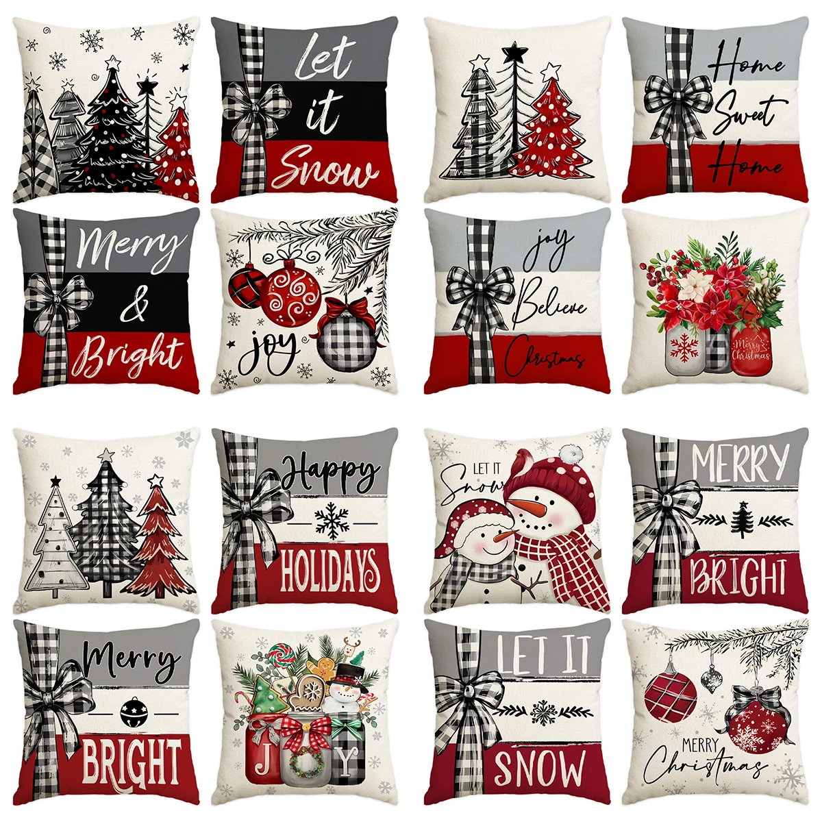 1pc/4pcs Christmas Pillow Cover, Christmas Tree Snowflake Snowman Winter Forest Flower Mason Jar Decorative Sofa Cushion Cover