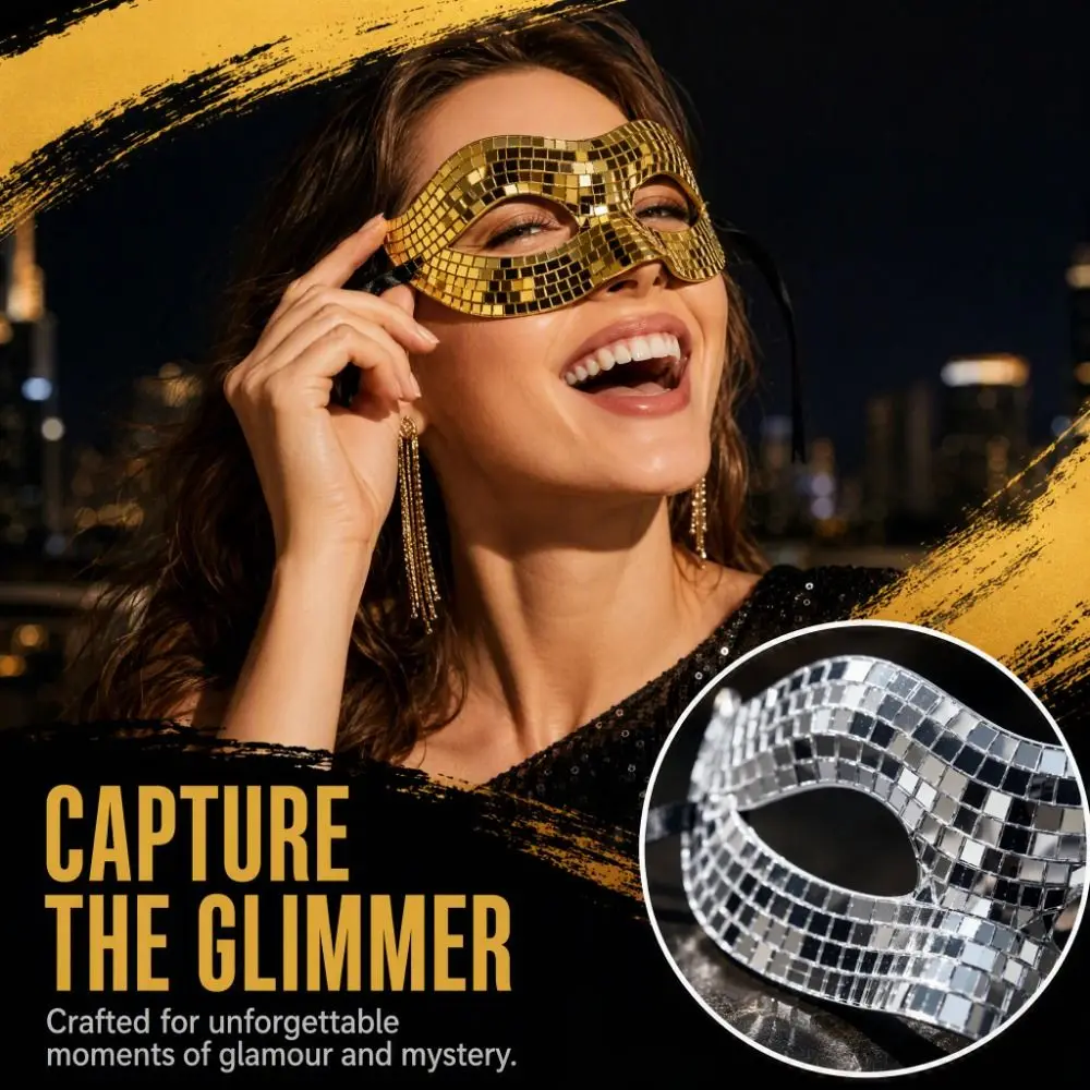Sparkling Finish Disco Face Mask Mirror Eye Covers Masquerade Mask Golden/ Silver Glitter Texture Costume Mask Party Props