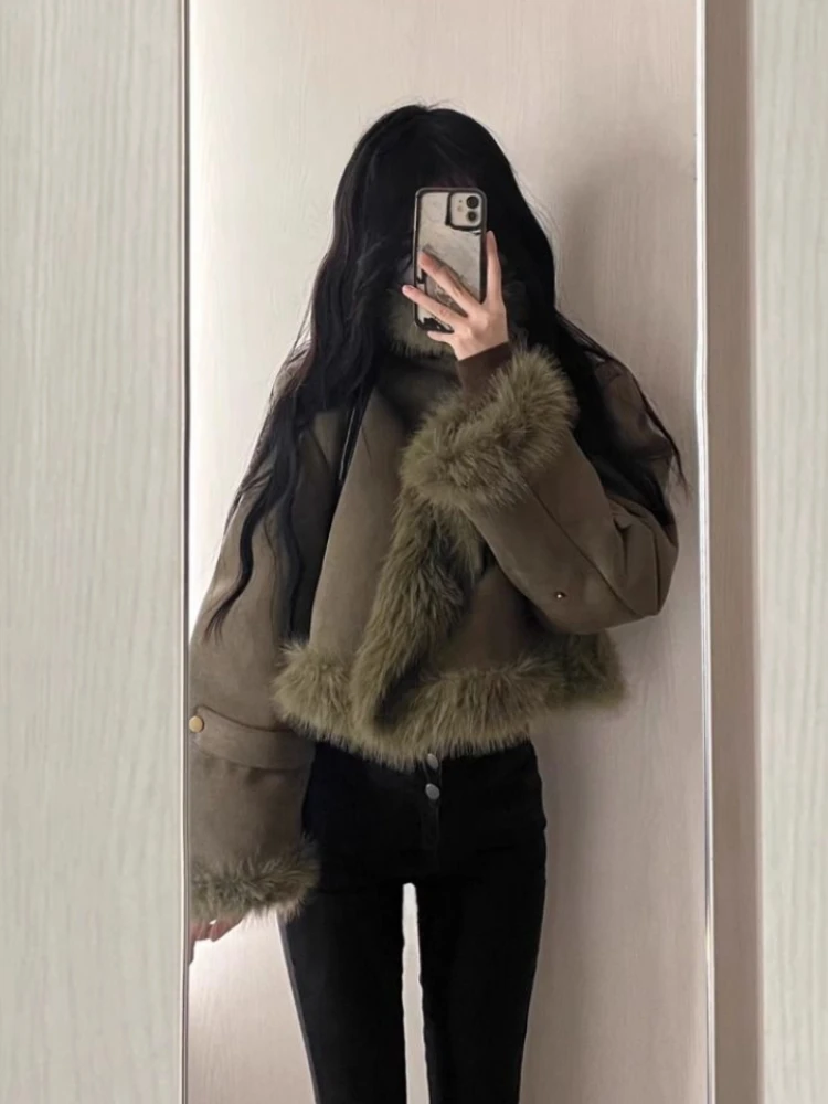 Outwear Korean Fashion Warm Coat Women Casual Long Sleeve Elegant Jackets Chic Fur Y2k Slim Clothing Woman Design 2024 Spring