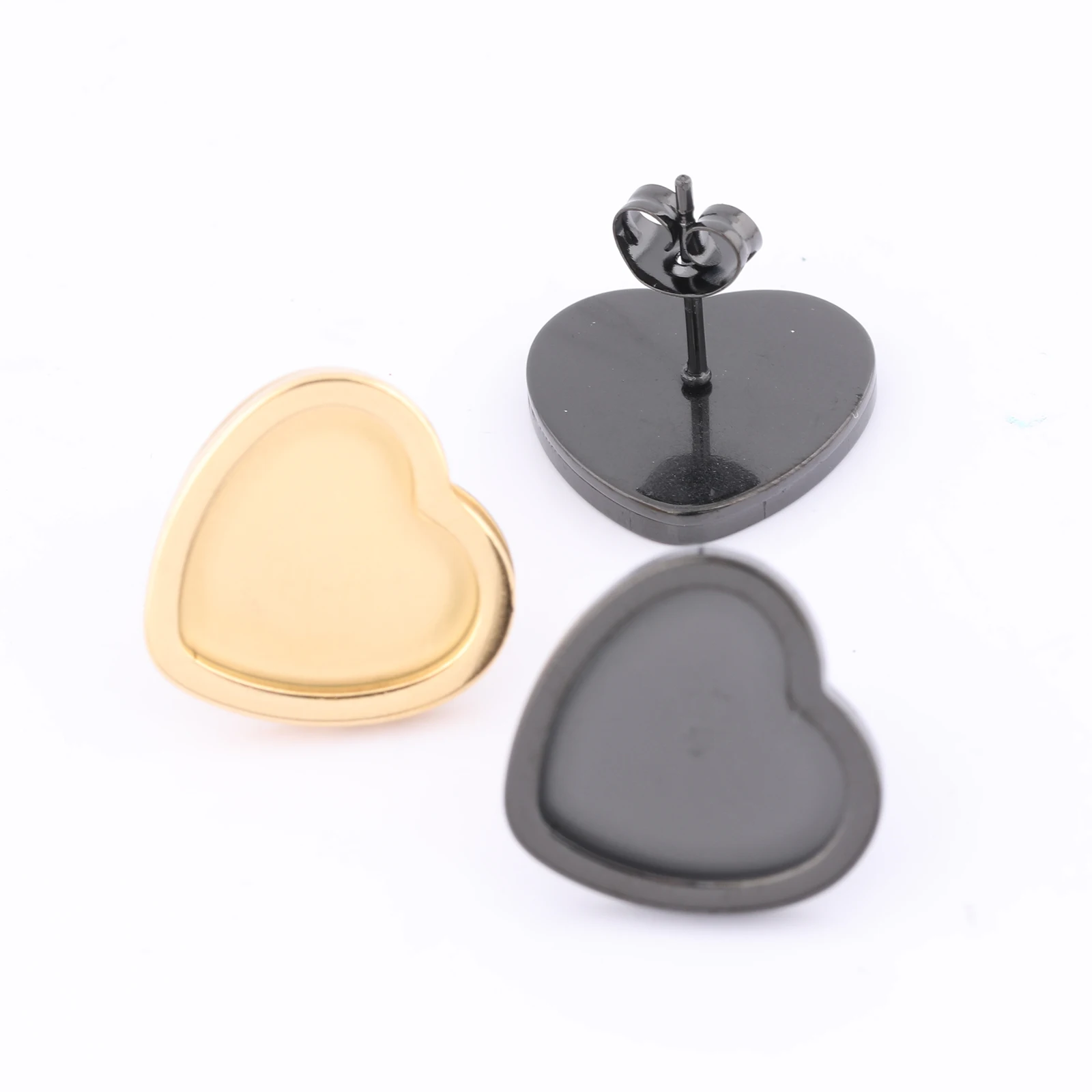 10pcs Stainless Steel Gold Plated 12mm Heart Cabochon Earring Base Blanks Studs Diy Post Earring Bezel Trays For Jewelry Making