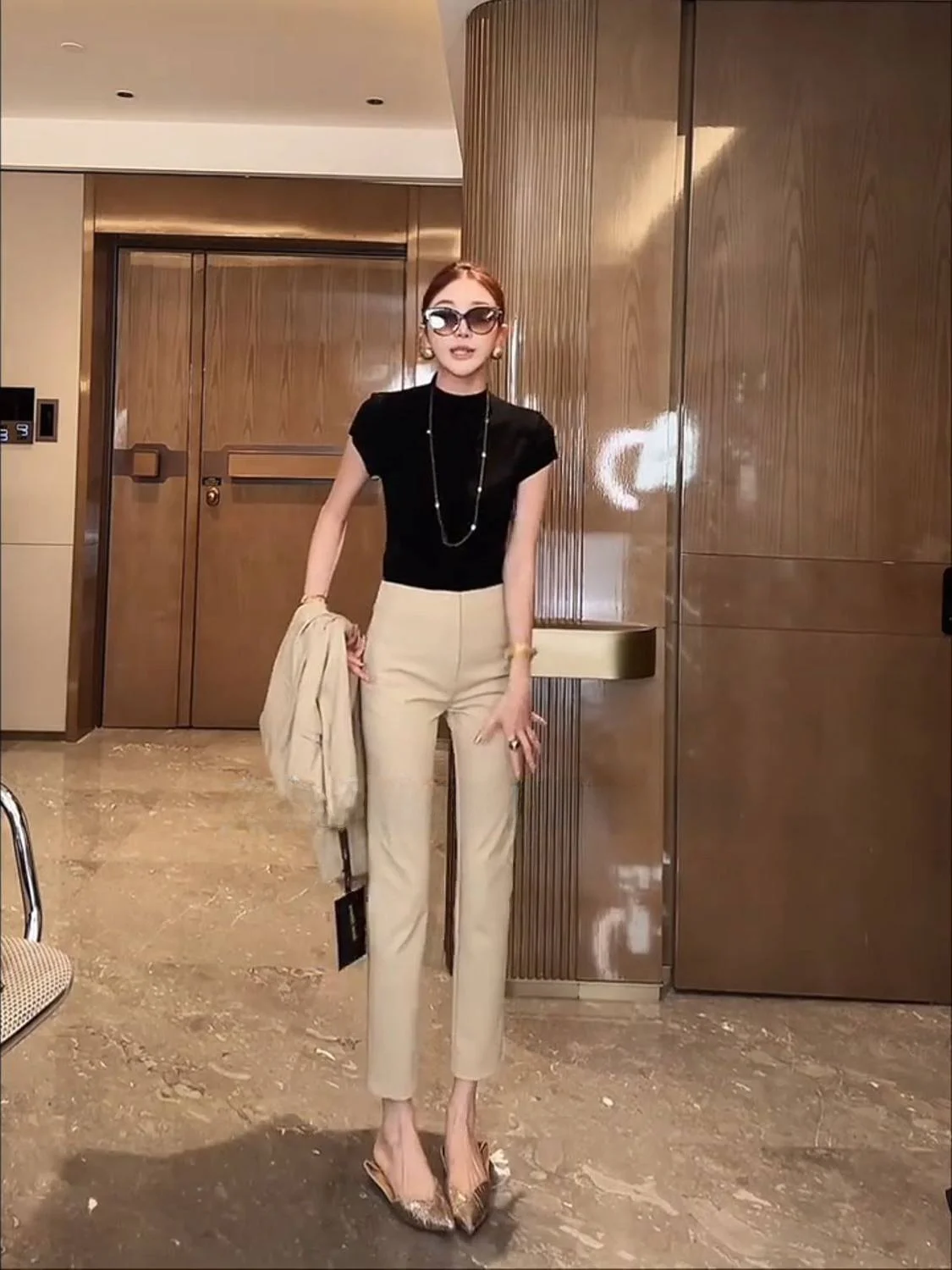 Khaki High Waist Straight Leg Casual Pants Women's Spring Summer New Style Small Size French Bread Pants Casual Trousers