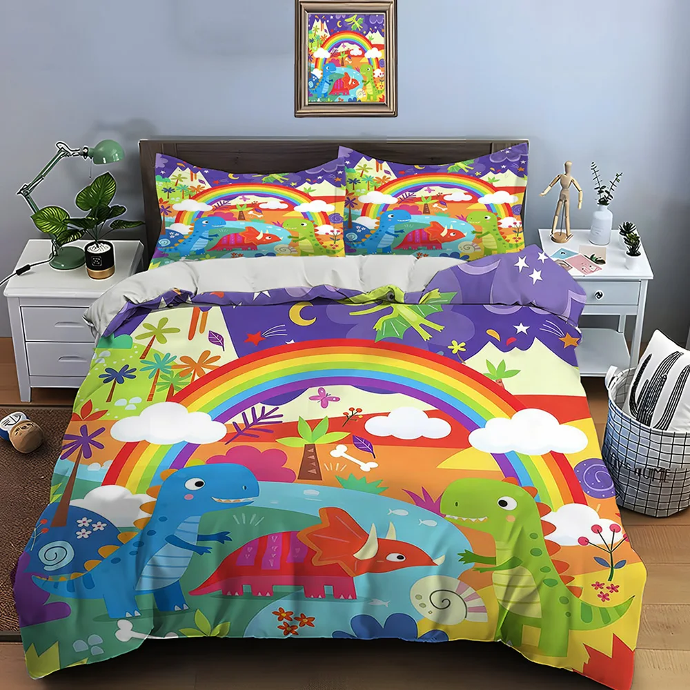 

Cartoon Dinosaur World and Rainbow Pattern Duvet Cover Set Digital Print Colorful Polyester Bedding with Zipper Closur