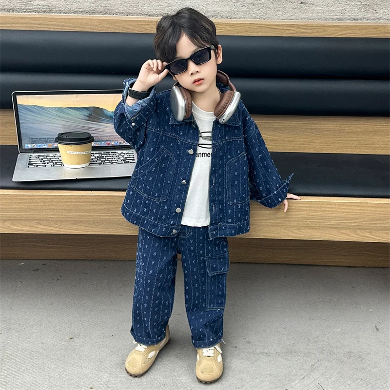 

Детская одежда, костюм, весенне-осенняя одежда, джинсовое пальто и джинсы для мальчиков, 2 шт./компл., модный комплект специального мастерства, От 2 до 11 лет