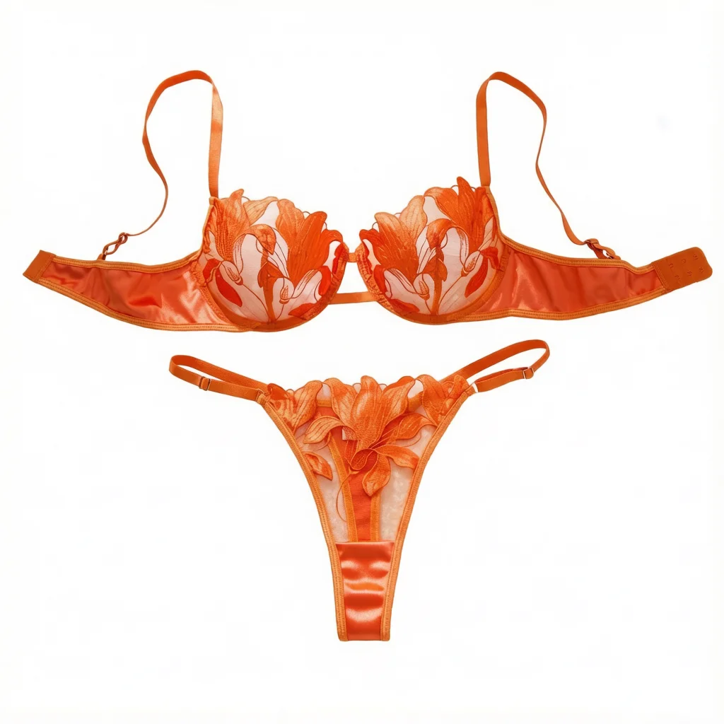 Aromatherapy orange-colored floral embroidery lingerie. French vintage mesh satin bra set for date night and sexiness ZA
