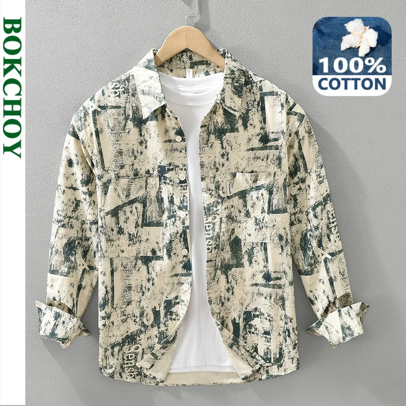 2024 autunno nuovo Vintage stampato 100% cotone camicie per uomo abbigliamento Casual allentato manica lunga camicie da uomo CM7327