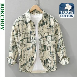 2024 autunno nuovo Vintage stampato 100% cotone camicie per uomo abbigliamento Casual allentato manica lunga camicie da uomo CM7327