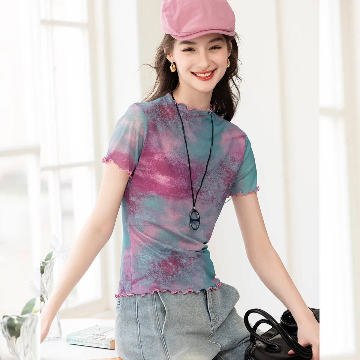 LOUIS YAO Printed Short Sleeve T-Shirts 2025 Casual Micro Elastic Stand up Collar Wave Edge Double Layer Design Women's Top