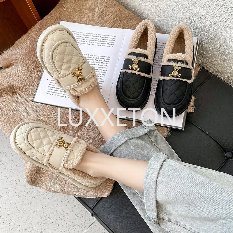 Plush Lefu Shoes for Women 2024 Winter New Shallow Mouth Casual Versatile Warm Flat Shoes for Women Lefu Shoes for Women