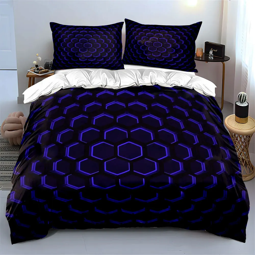 3D Hexagonal Blue Glowing Grid Pattern Duvet Cover Set Digital Print Colorful Polyester Bedding with Zipper Closur for kids gift