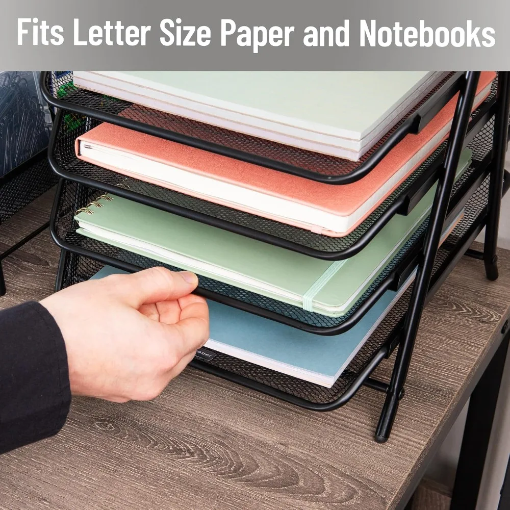 4-Tier Mesh Desktop Organizer, Slide-Out Trays for Files & Documents, Non-Slip Base, Black view 6