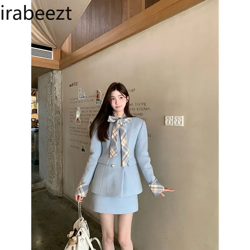 Preppy Bow Suit Autumn and Winter Elegant Woolen Coat Sweet Skirt Slimming Two-piece Women's Suit Rgaular Fit Blazer Femenino