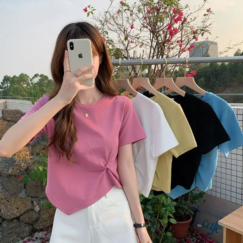 100% Cotton Sexy Open Navel T-shirt Women's Short Sleeve T-shirt 2023 Harajuku Solid Color Women's Short Sleeve T-shirt Top