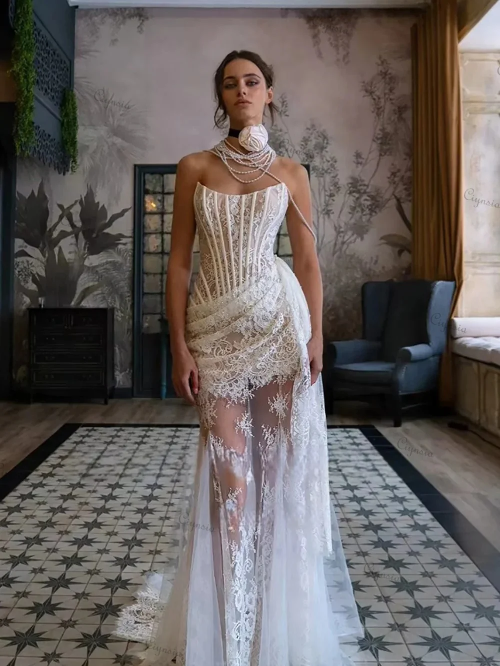 Ciynsia Customized Lace Corset Bridal Dress Illusion Vintage Sexy Mermaid Wedding Dress With Detachable Train Vestidos De Novia