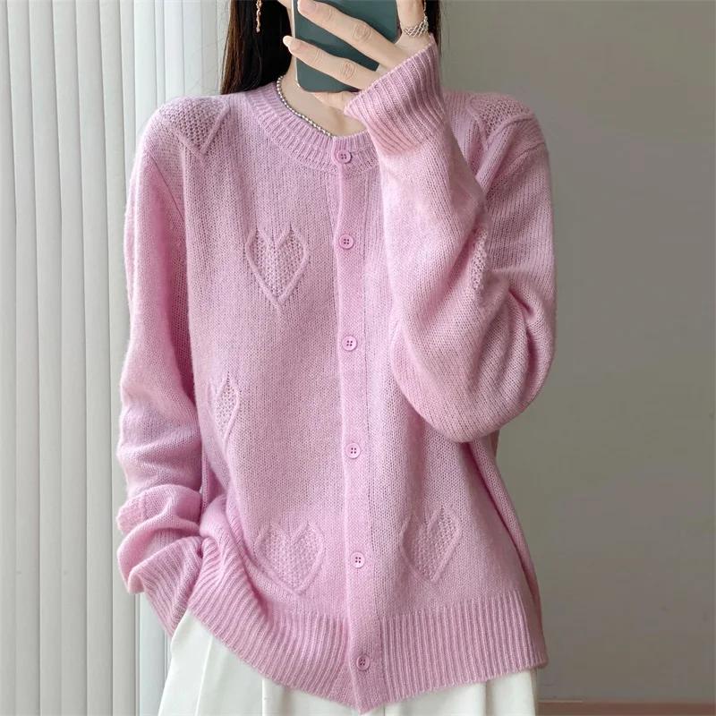 

TLOML New Chic Women O-neck 100% Merino Wool Cardigan Heart Cable Knit Cashmere Sweater Autumn Winter Basic Clothing Casual Tops