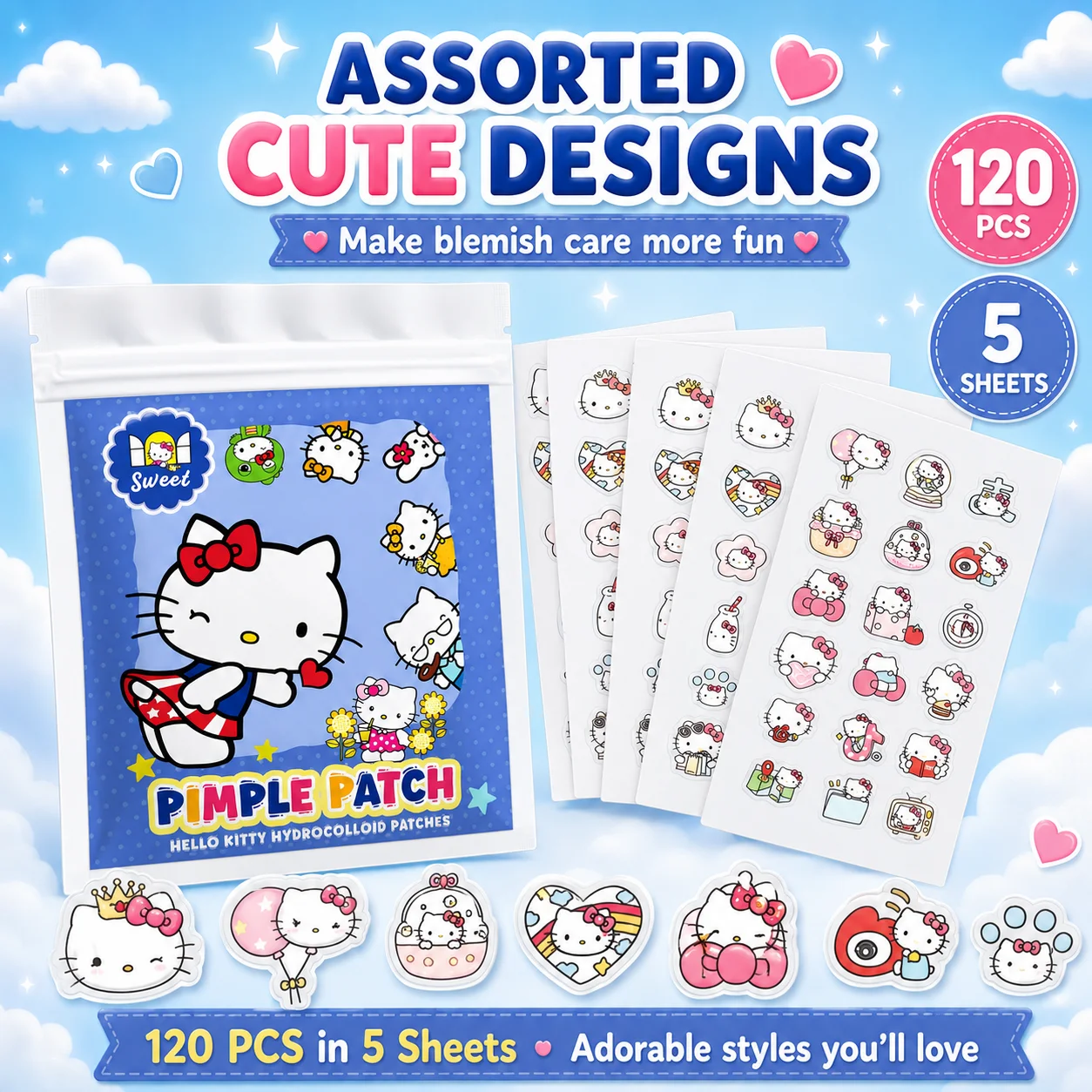 120PCS hello kitty Acne patches, facial acne patches, hydrogel acne removal patches, concealer view 4