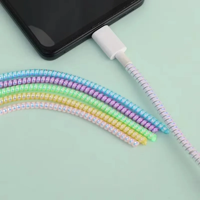 New 1.4M Laser Color TPU Spiral USB Charging Cable Protector for iPhone Samsung Huawei Earphone Cord Line Anti-break Protection