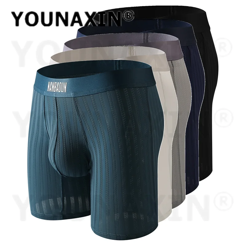 5 Pieces Men's Ice Silk Athletic Boxer Briefs Breathable Long Leg Indoor Yoga Fitness Running Sports Underwear M L XL 2XL