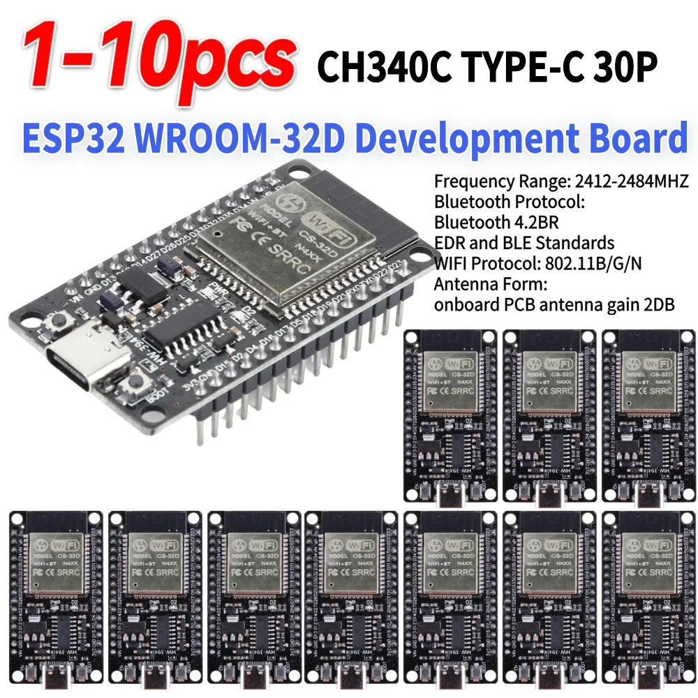 1-10PCS ESP32 Development Board TYPE-C CH340C WiFi+Bluetooth Ultra-Low Power Consumption ESP32 WROOM Wireless Module