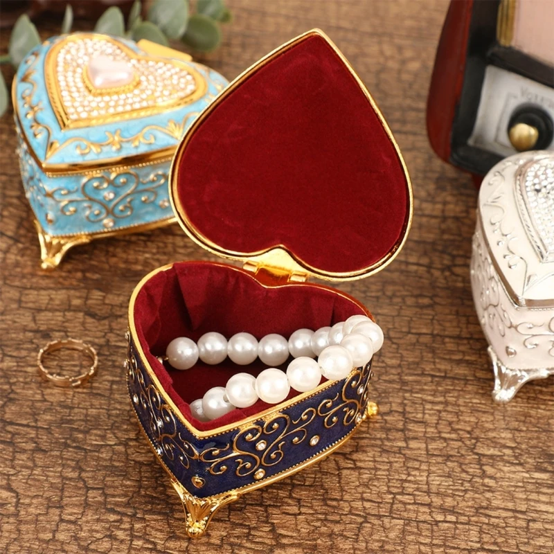 Home Accent Heart Jewelry Box Metal Storage Case with Crystal Lid and Enamel Finish for Earring Necklace Shelf Use D0UB