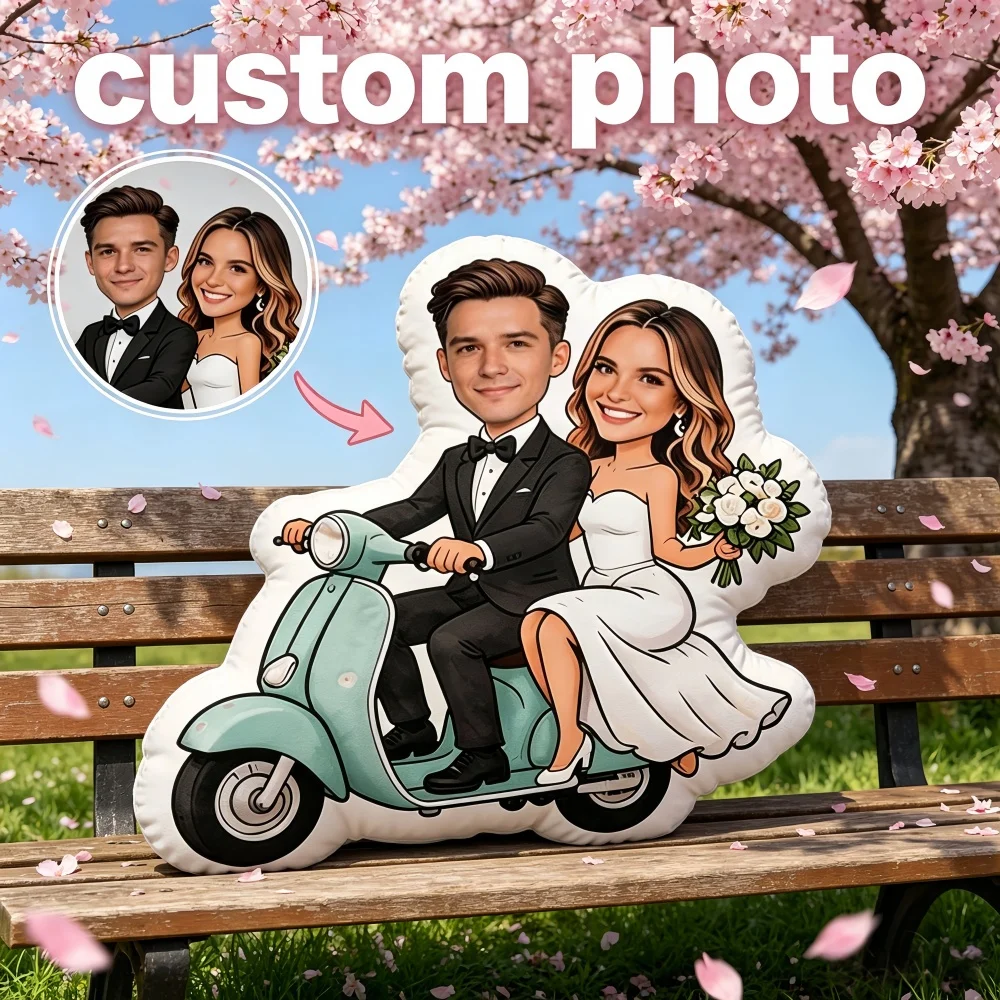Personalized Two-Person Customized Electric Bike Pillow, Summer Vacation Style Portrait, Creative Gift for Partner and Friend