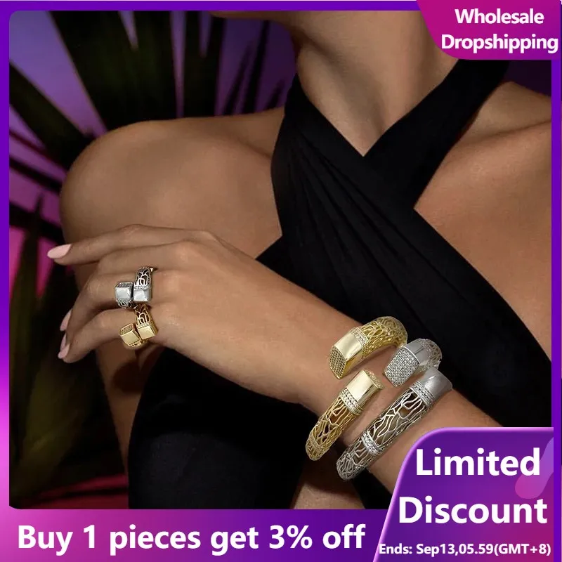 

Gold Plated Bangle And Ring Set Luxury Design Copper Zircon Bracelet For Women Fashion Jewelry Trending Wedding Party Gift