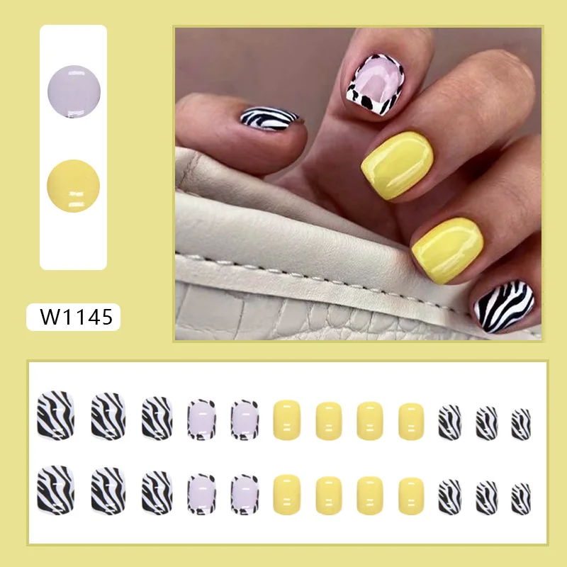

24Pcs Short Ballerina Press on Nails - Bold Yellow Base with Leopard Print Border | Zebra Pattern Animal Print Style