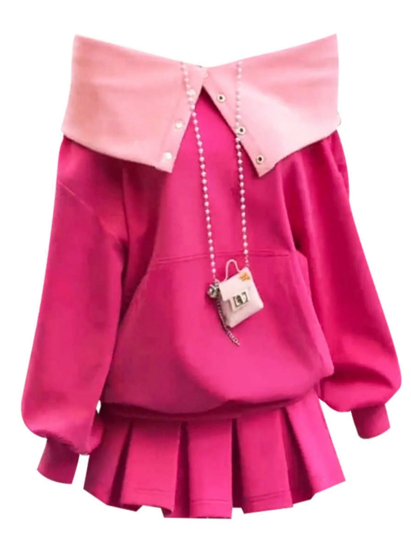 

Korean Sweet Sle Women's One-oulder Color Blo Top And Skirt Set Early Autumn New Faion f-length Skirt Trendy