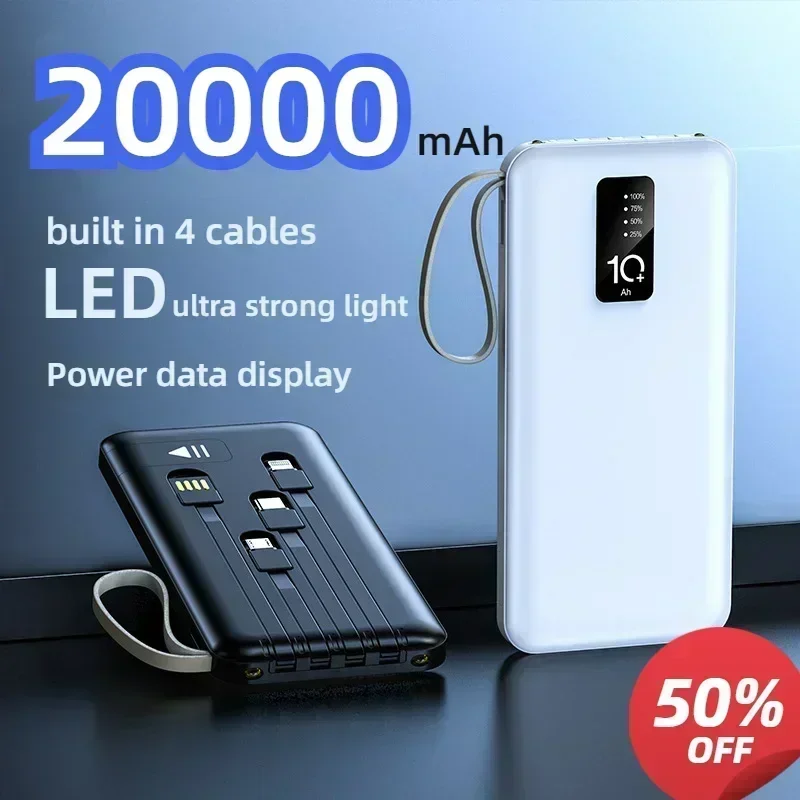 

20000mAh Mobile Charging Bank Built-in 4-wire Mobile Charger LED Smart Light Power Data Display