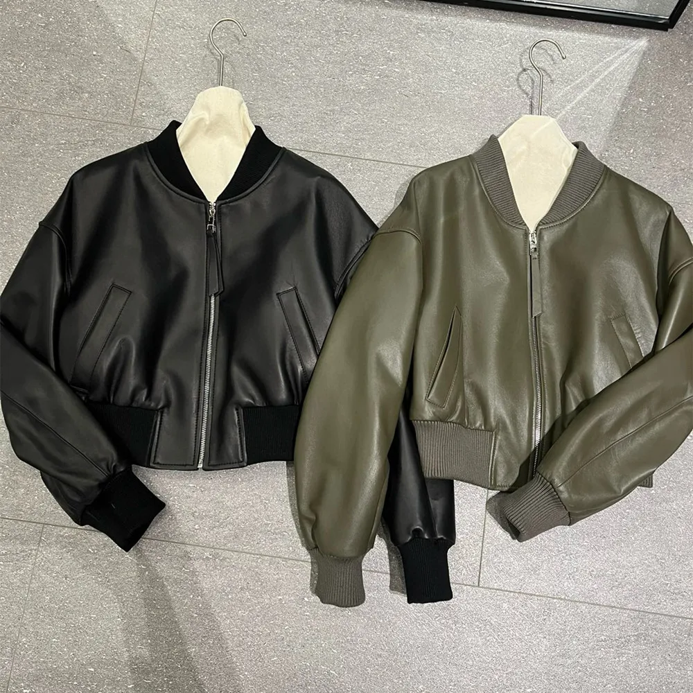 جاكيتات جلدية قصيرة جديدة 100% من الجلد الطبيعي لعام 2026، أزياء الشارع العصرية، معاطف بيسبول من جلد الغنم باللون الأخضر العسكري، جاكيت جلدي نسائي كاجوال