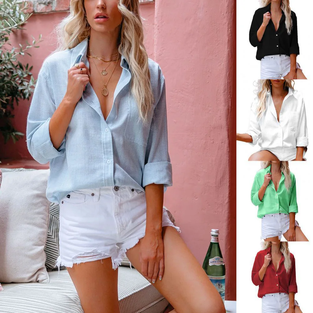 

Woman Fashion Lapel Cotton Linen Loose Shirt Vintage Harajuku Solid Blouse Elegant Long Sleeve Button Up Tops Office Lady Tunics