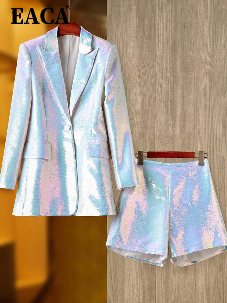 

EACA Spring And Autumn Sequin Long Top Suit Jacket Shorts Color Sequin Pants Two-piece Set Women 2024 Fashion New