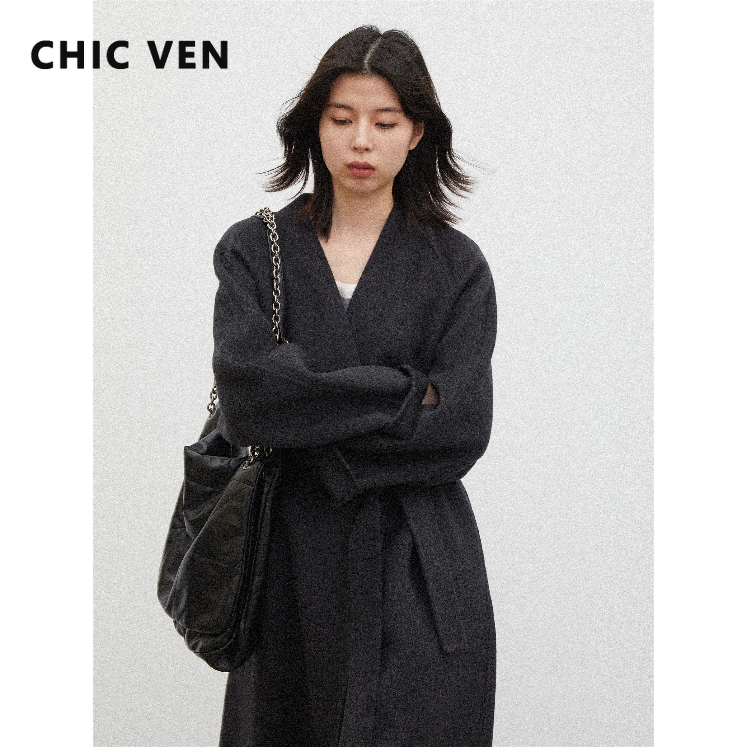 CHIC VEN Women Woolen Coats Fashion Casual Loose V-Neck Soid Long Jackets with Belt Female Wool Clothing Autumn Winter New 2026