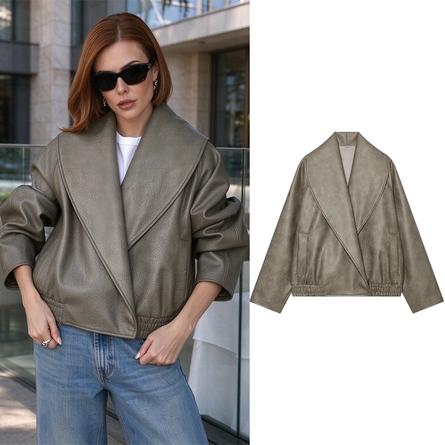 Women Lapel Pleated Bomber Jacket Women's Loose Double Breasted Leather Coat PU Leather Motorcycle Style Lady Outerwear