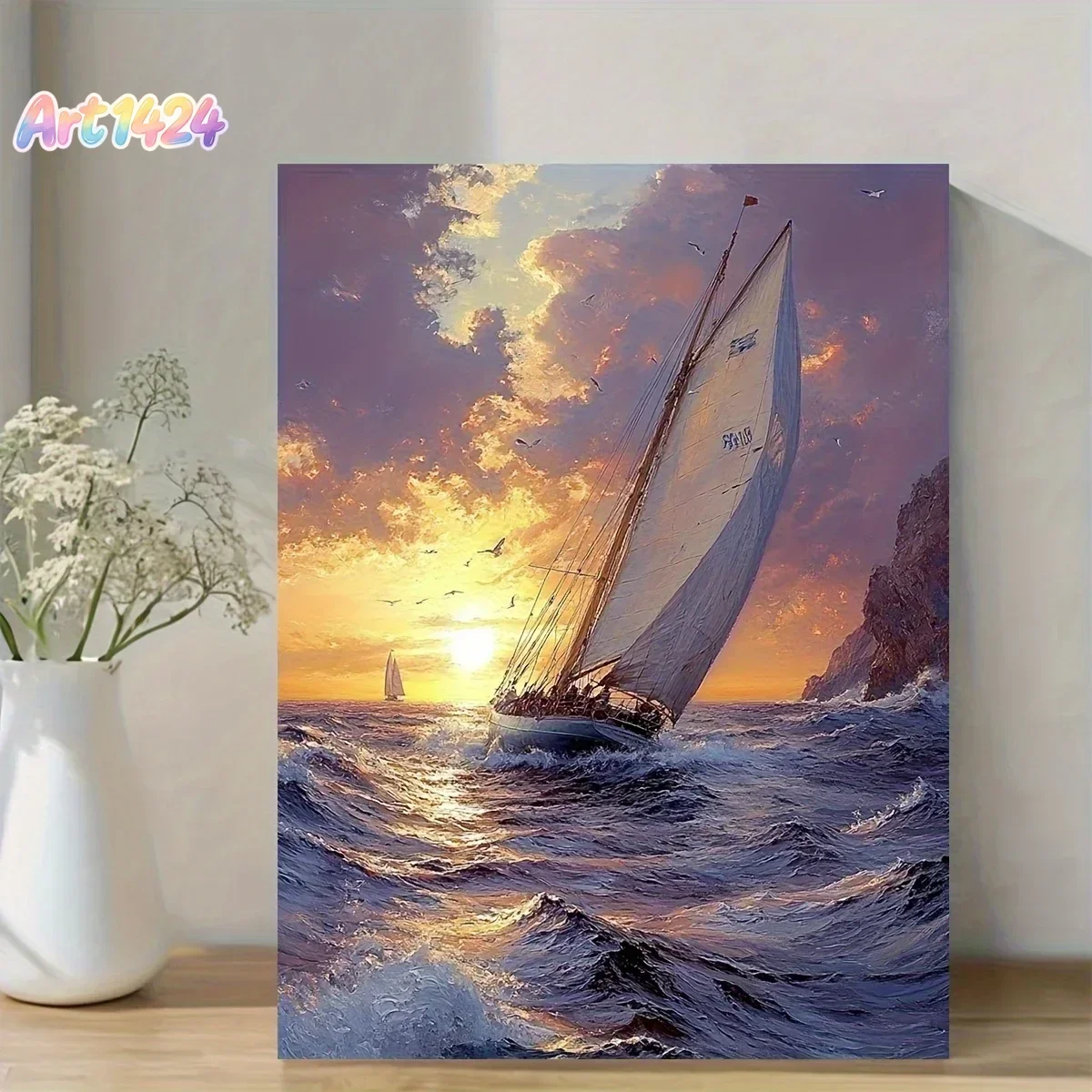 Sunset Voyage Sailing Ship Canvas Painting x inch  HighDefinition Wooden Framed Art D Spatial Design for Living Room Bedroom