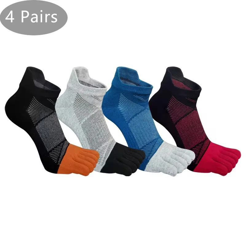 4 Pairs Sport Toe Ankle Socks Man Pure Cotton Striped Mesh Sweat-Absorbing Fitness Outdoor Bike Run 5 Finger Travel Boat Socks