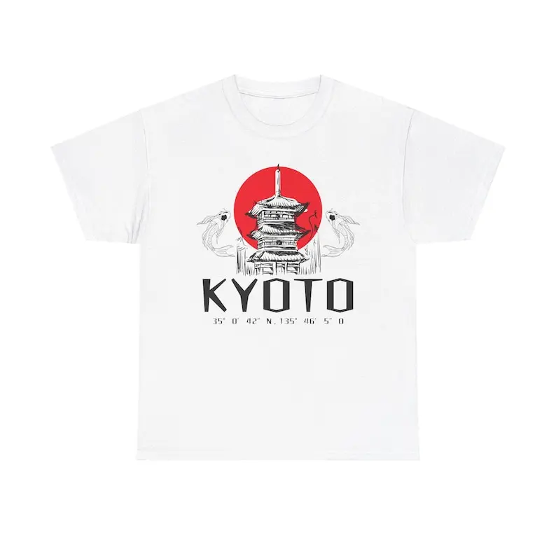 

Japan T-Shirt big city Kyoto with coordinates print front with Koy fish / temple, gift idea for all anime / manga moes fans