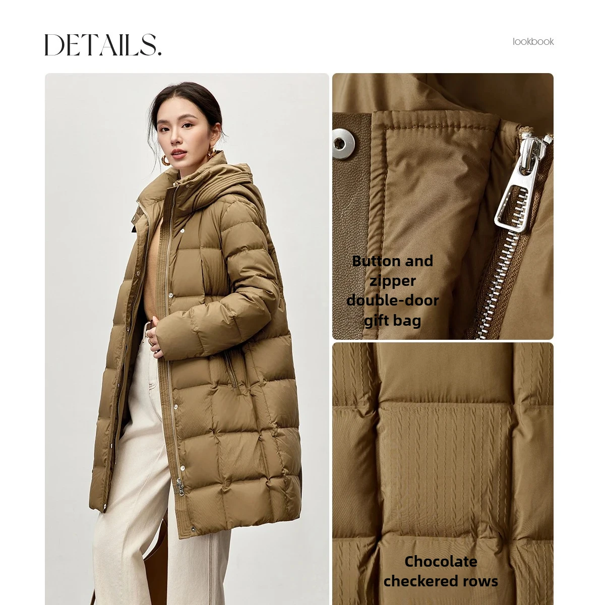 SENTUBILA Winter-Daunenjacke 2025, neue warme, lange, solide Taschen, Daunenmäntel mit Kapuze, Reißverschluss, lange Ärmel, Oberbekleidung W44Y57032