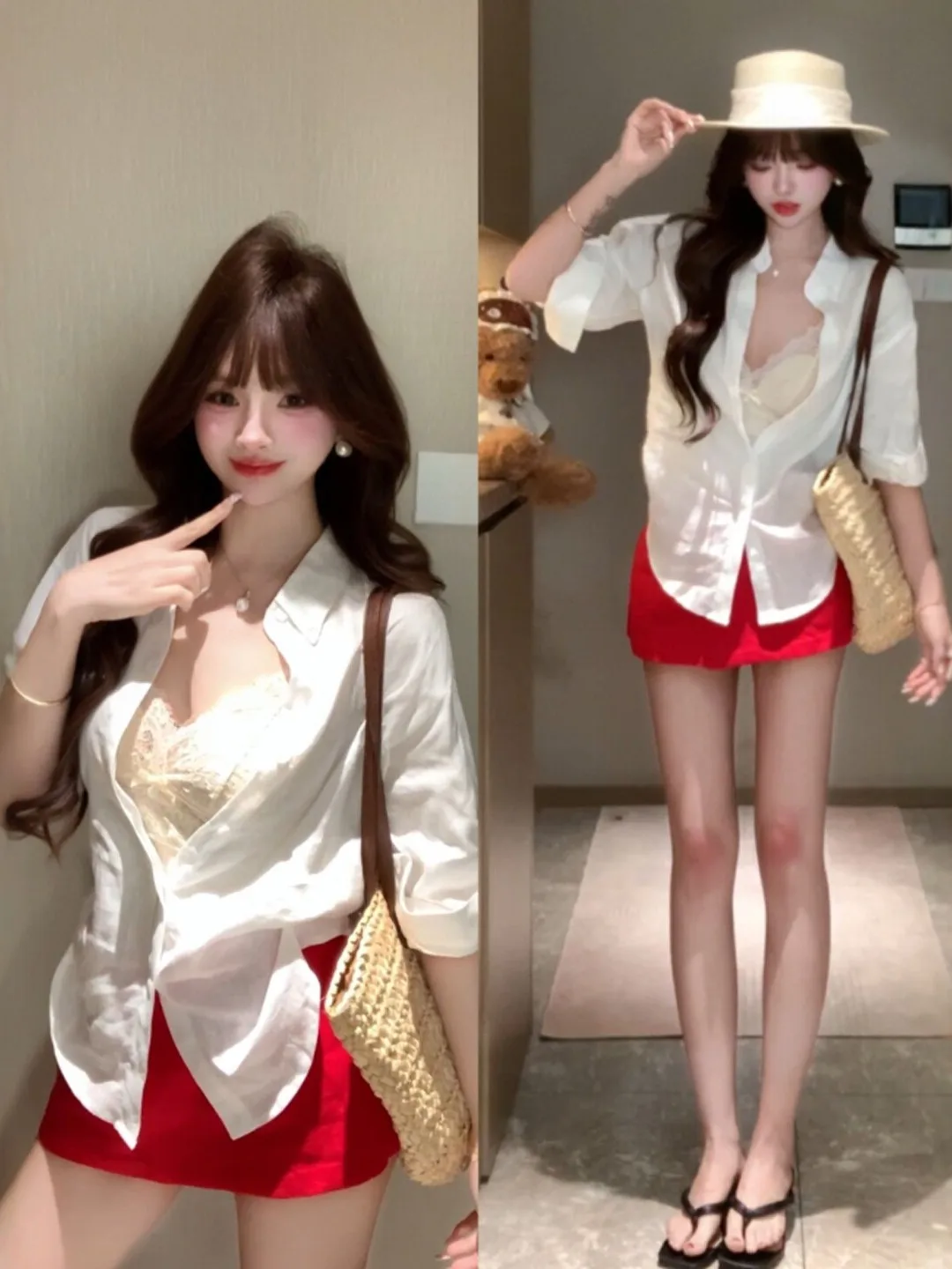 

Комплект для пляжного отдыха: красная рубашка и короткая юбка. Модный летний костюм-двойка 2026 года для молодежи. Повседневная одежда.