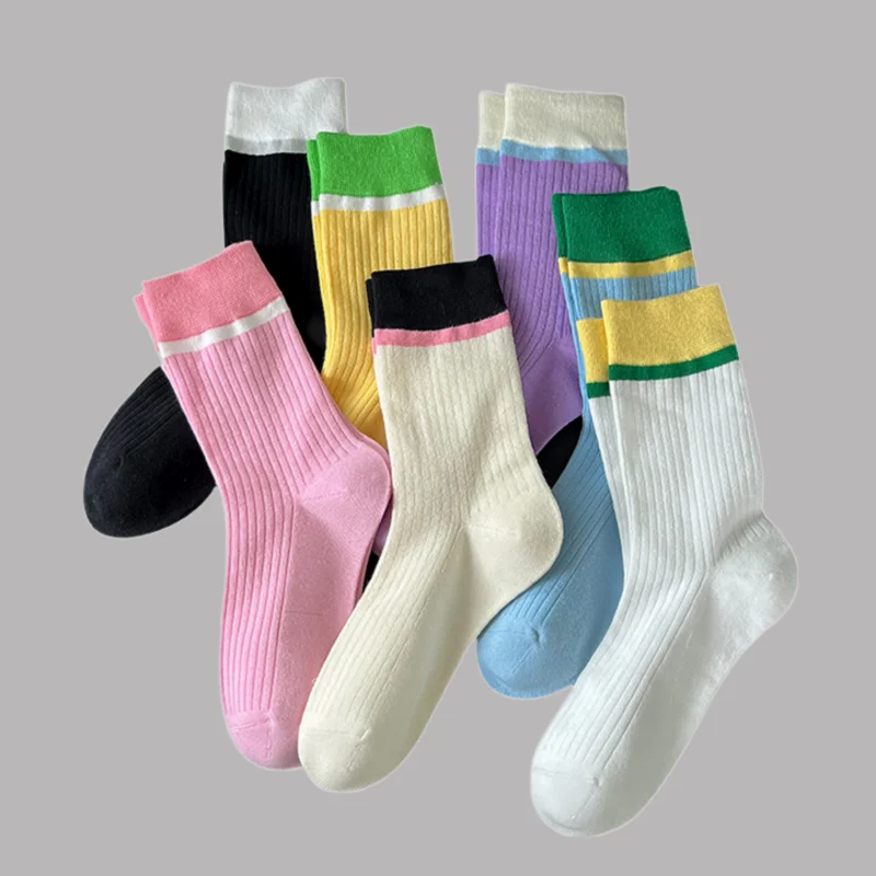 7/14 Pairs 2024 New Fashion Women's Mid-tube Socks Versatile Trendy Socks Color Matching Long Tube Stacked Socks