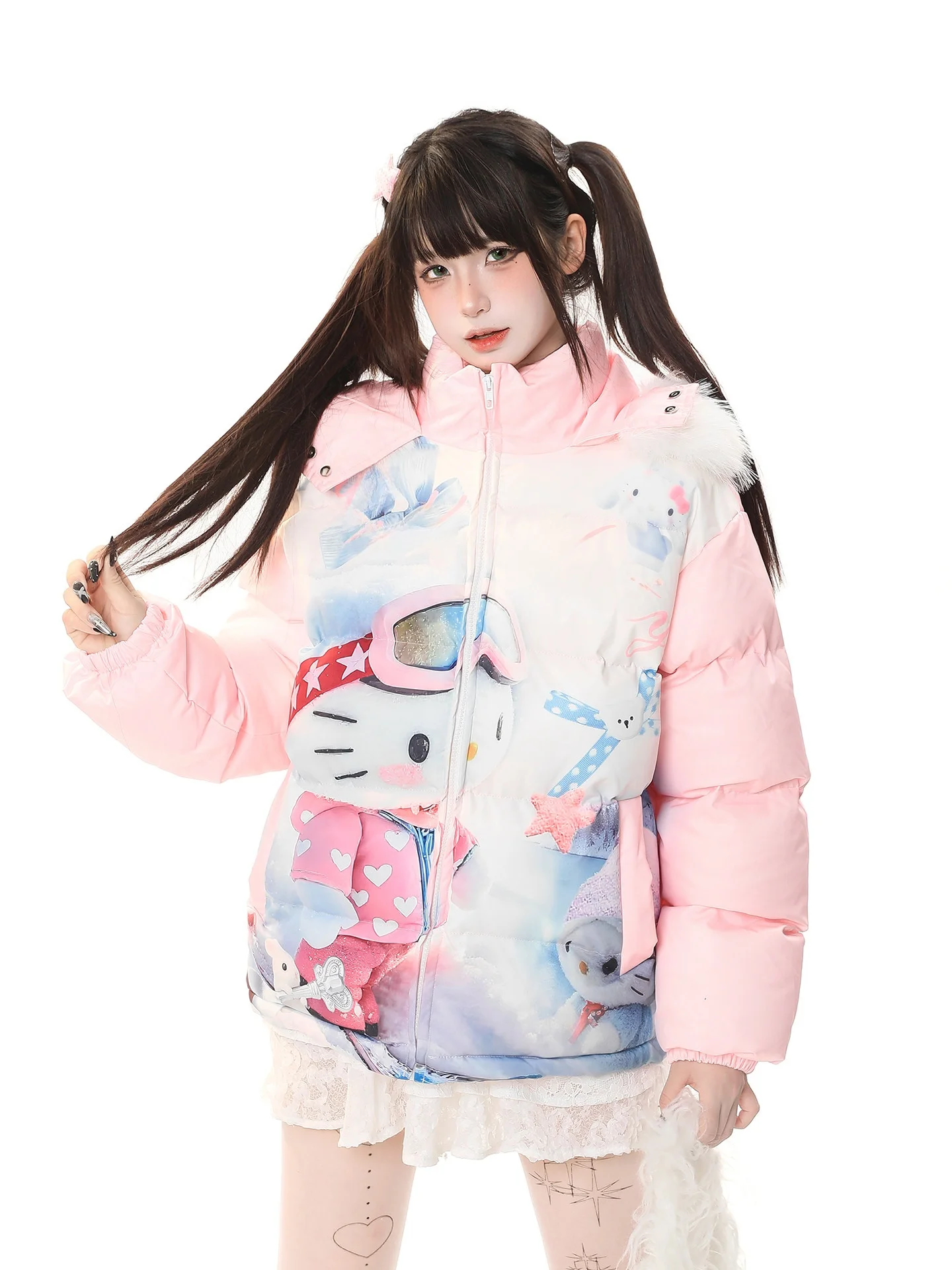 

Sweet Cartoon Print Hooded Cotton Jaet Women's Winter Casual Loose Thi Warm Anti-Aging Bread Clothes Outerwear