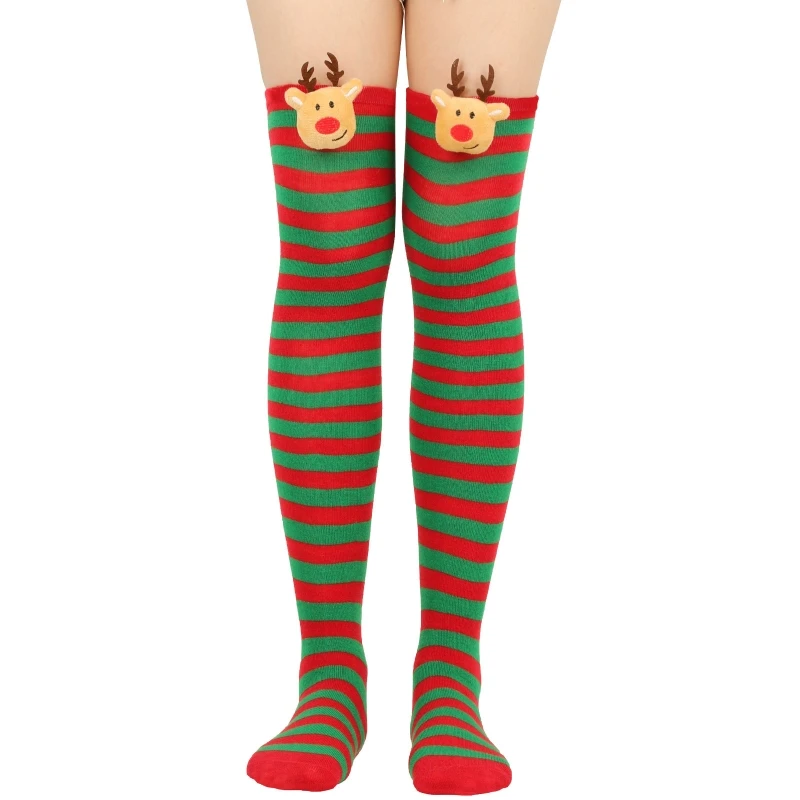 M2EA Women Cute 3D Plush Deer Striped Over Knee Long Socks Thigh High Stockings for Christmas Cosplay Party Costume Hosiery