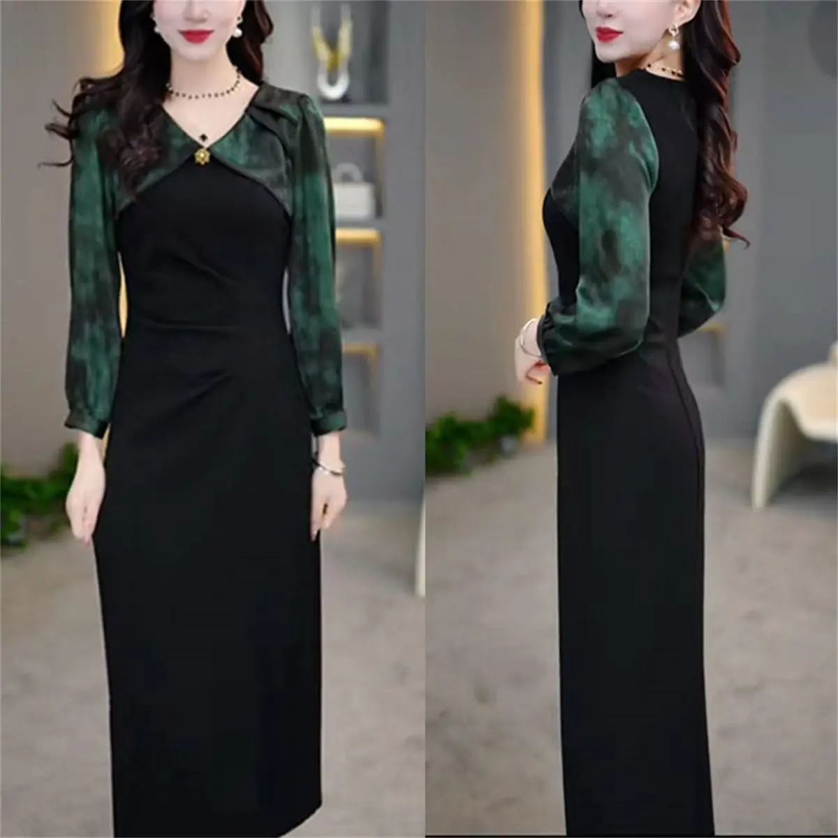 French Style Light Luxury Fashion Contrasting Black Dress Women 2024 Autumn New Temperament Waist Cinching Long Sleeved Dress
