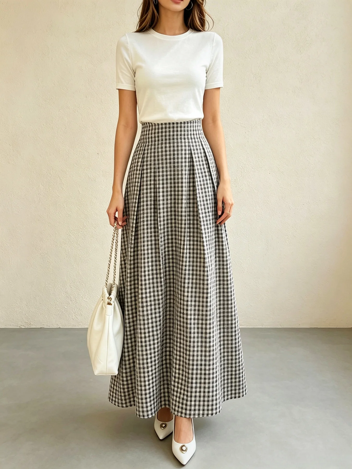 Women Gingham High Waist Pleated Maxi Skirt Vintage A Line Long Skirt Casual Daily Office Bottoms
